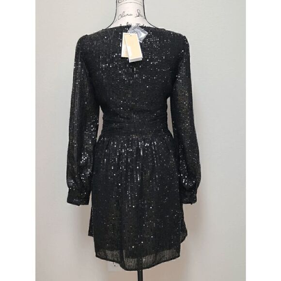 🖤✨ MICHAEL KORS Black Sequin Stripe Long Sleeve V-Neck Dress SIZE M $195 NWT - Picture 10 of 17